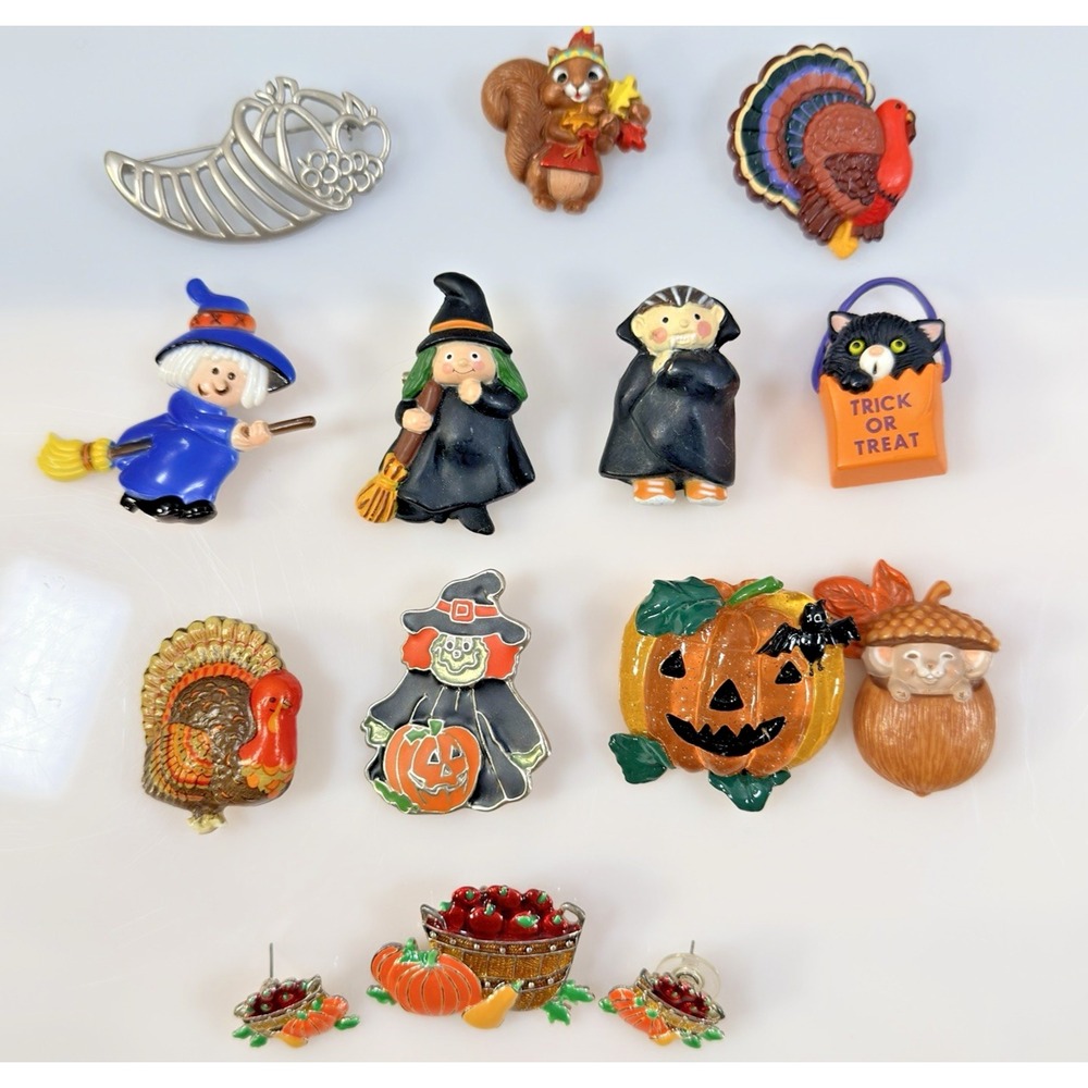 Vintage Halloween Fall Brooch Pin Lot Hallmark Norcross Witch Turkey Pumpkin Cat